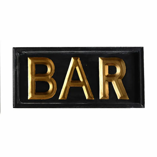 Decorative sign with 'BAR' in gold letters on a black background