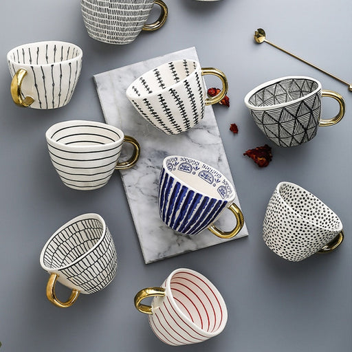 Lechsi Hand-Painted Ceramic Mugs with Gold Handles