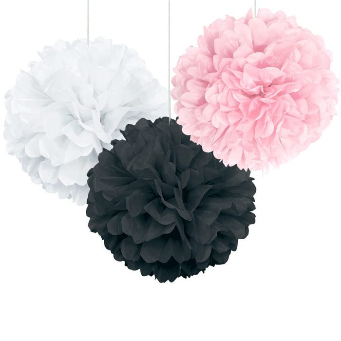 Light Pink, White and Black Party Pom Pom Set of 3