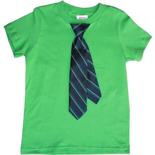 Little Man Green Tie T-Shirt by Blume in soft 100% cotton with a sewn-on striped tie. A preppy, dressy-casual look for little boys.