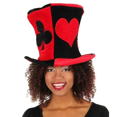 Woman wearing a red and black top hat with card suit symbols on a white background