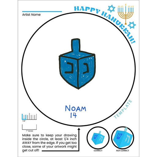 Hanukkah-themed coloring page with a blue dreidel, menorah, and candles, labeled 'Happy Hanukkah'.