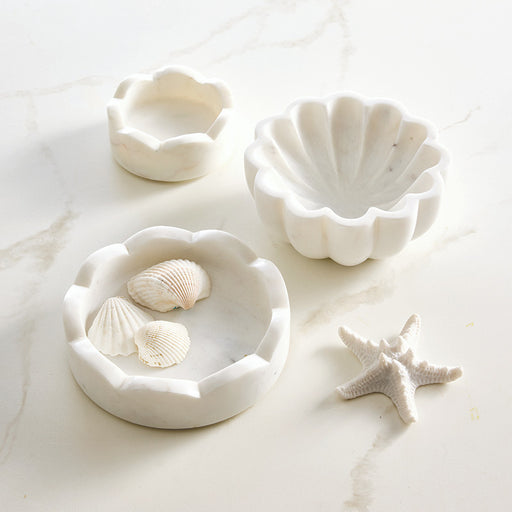 Set of white ceramic shell-shaped bowls with seashells on a light background