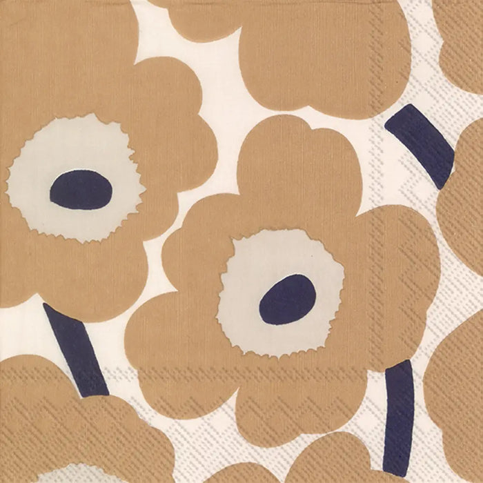 Marimekko Unikko poppy floral luncheon napkins in tan and navy — iconic Finnish design for stylish entertaining, dinner parties, and hostess gifts