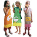 Three children wearing colorful aprons with cartoon designs on a white background