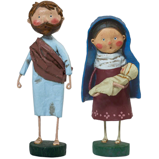 Mother Mary holding Baby Jesus and Joseph figurines in traditional robes, both standing on green bases.