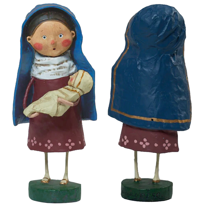 Figurine of a woman holding a baby, with a blue hood and red dress, on a white background.