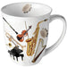 Music Instruments white Mug featuring a piano, sax, trumpet, violin, viola, tambourine, harp, clarinet in a white musical notes background.