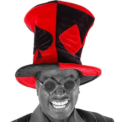 Red and black Mad Hatter ace of spades top hat costume accessory for Halloween, Alice in Wonderland parties, and carnival themed celebrations