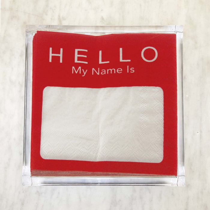 A clear plastic packet containing a red and white luncheon napkin with the text 'HELLO My Name Is' printed on it.