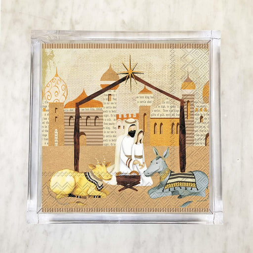 Artistic Nativity scene with Mary, Joseph, baby Jesus, a cow, and a donkey, set against a textured background with village buildings