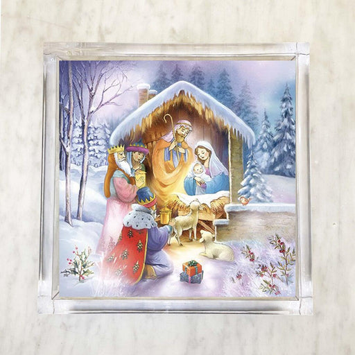 Enchanting Winter Nativity Scene Luncheon Napkins in Pastel Colors showing white snow
