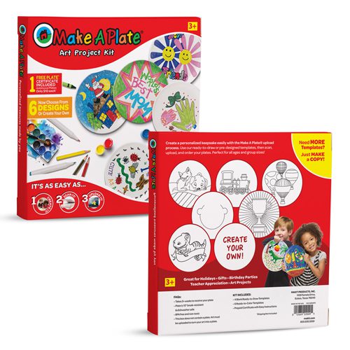 Front and back packaging of the Make A Plate Craft Kit. The front highlights six design options, customizable creations, and included materials for creating personalized plates. The back features examples of completed designs and emphasizes its use for holidays, gifts, and art projects for children aged 3 and above