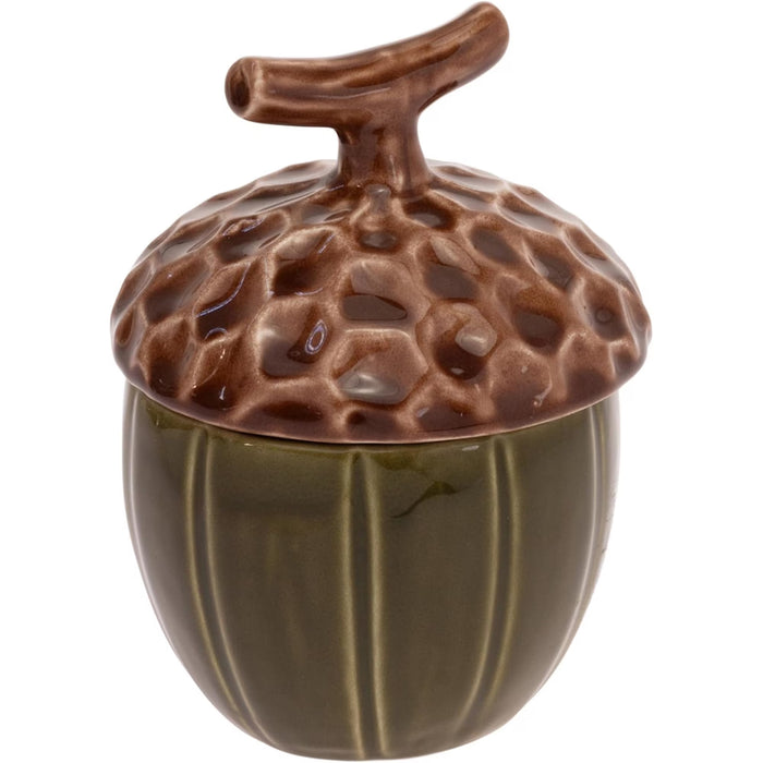 An acorn-shaped ceramic container with a textured brown lid and a glossy olive green body