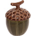 An acorn-shaped ceramic container with a textured brown lid and a glossy olive green body