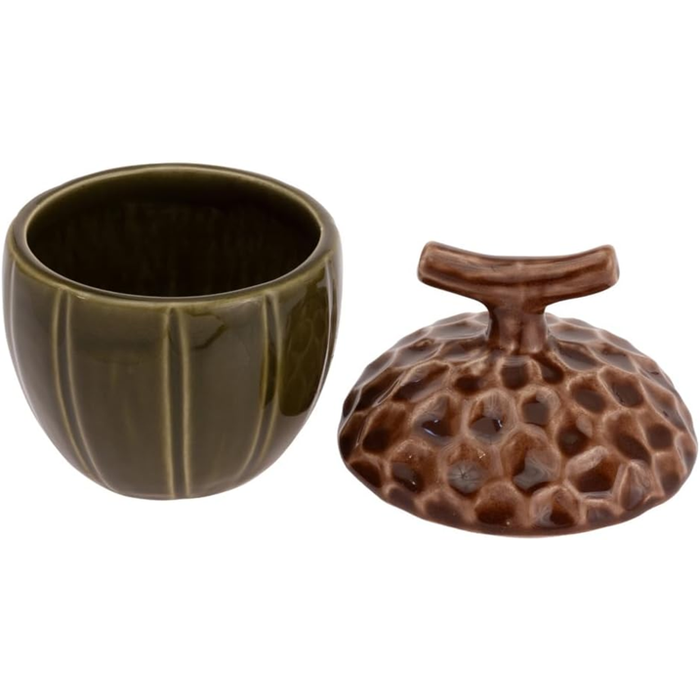 Olive Green Acorn Covered Jar with handle.