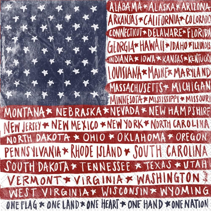 Close-up of patriotic cocktail napkins featuring all 50 state names on an American flag design with "One Flag One Land One Heart One Hand One Nation"
