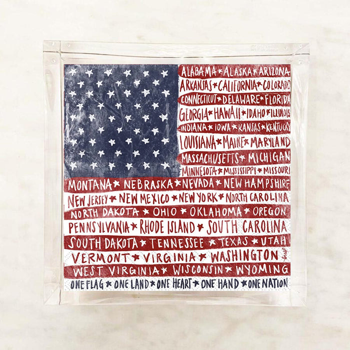 Patriotic cocktail napkins featuring an American flag design with all 50 state names and the phrase "One Flag One Land One Heart One Hand One Nation" — perfect for Fourth of July and patriotic celebrations