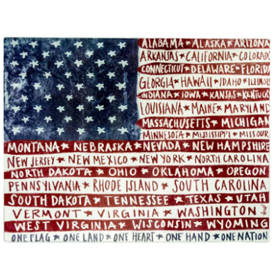 American flag cutting board with state names on a white background