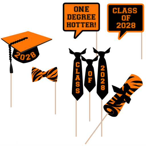 Graduation-themed photo booth props with 'One Degree Hotter!' and 'Class of 2028' text on sticks.