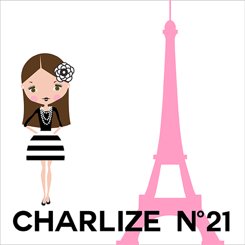 Illustration of a woman in a black and white outfit with a pink Eiffel Tower and 'Charlize N!' text.