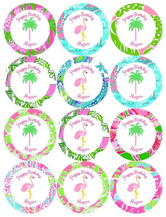 A set of colorful cupcake toppers with palm beach themes, including designs with palm trees and flamingos