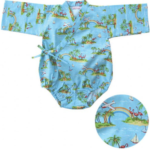 A kimono onesie for babies with a tropical print featuring palm trees, flamingos, and rainbows.