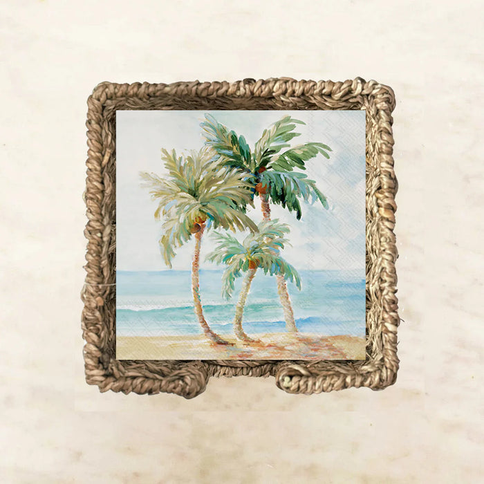 Palms in Paradise cocktail napkins featuring a watercolor tropical palm tree and ocean scene in a rope frame — perfect for beach houses, tropical parties, and coastal entertaining