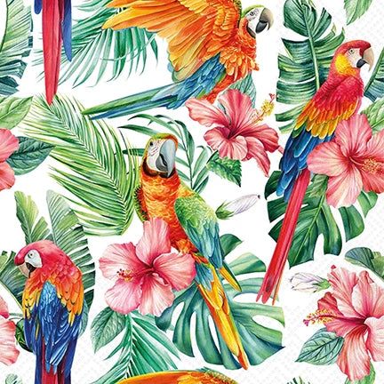 Tropical napkins with parrots, leaves, and flowers on a white background