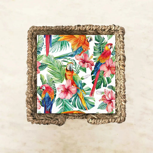 Decorative wall art with parrots and tropical leaves in a woven frame.