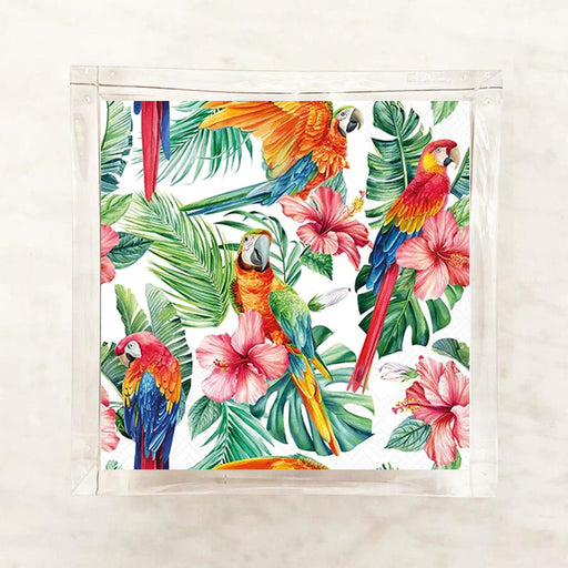 Tropical pattern with parrots and flowers on a white background