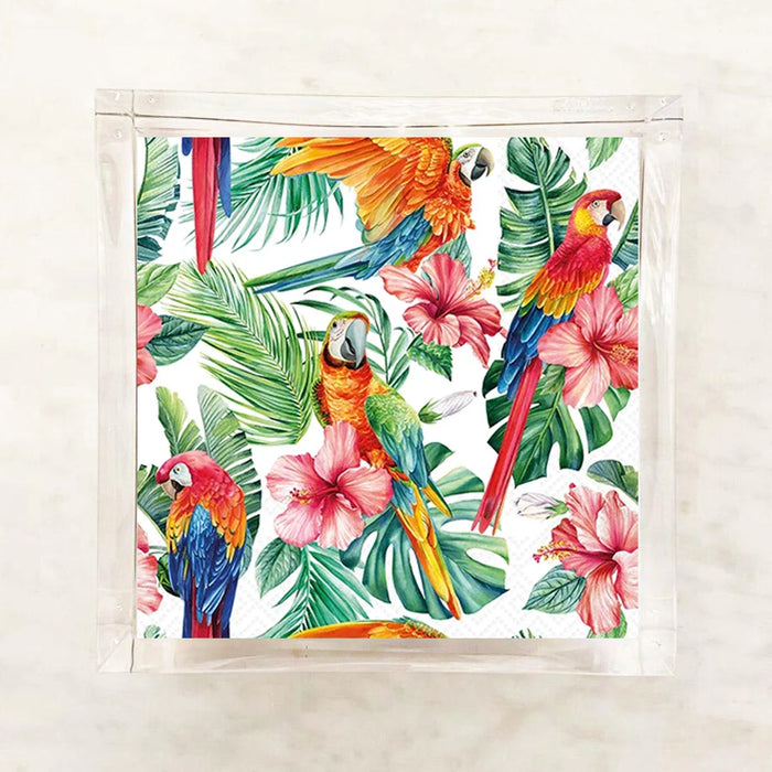 Tropical pattern with parrots and flowers on a white background