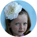 Girl wearing peony flower headbands in white – kids hair accessory from Modern Lola