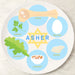 Cool personalized kids melamine Seder plate featuring illustrated Zeroa, Karpas, Beitzah, Maror, Charoset, and Chazeret sections with a Star of David center — available at Modern Lola