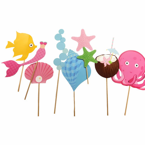 Personalized mermaid birthday party printable photo booth props with fish, starfish, seashells and octopus