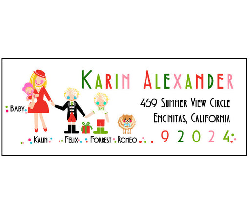 Personalized address label with cartoon family design on a white background