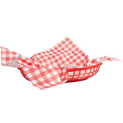 Red and white gingham basket liners arranged in a red serving basket, perfect for picnics, BBQs, and summer parties.