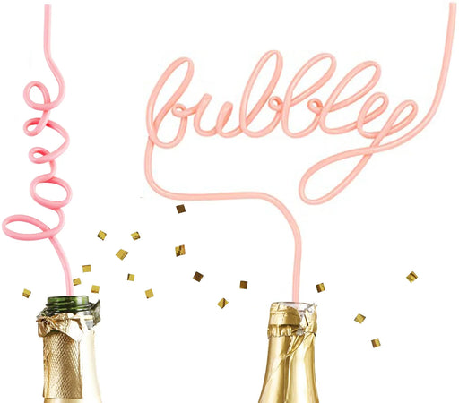 Decorative cursive 'bubbly' and 'love' straws for champagne bottles