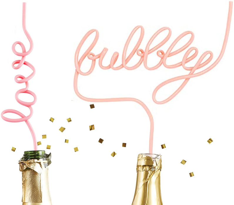 Decorative cursive 'bubbly' and 'love' straws for champagne bottles