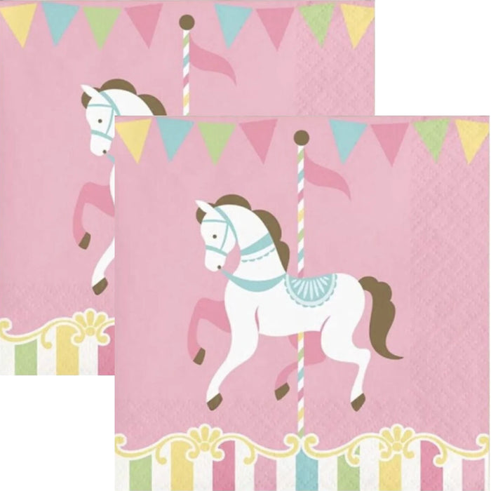 Pink carousel horse cocktail napkins with colorful banner, striped edge, and cream accents for birthdays, baby showers, and party table settings.