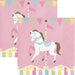 Pink carousel horse cocktail napkins with colorful banner, striped edge, and cream accents for birthdays, baby showers, and party table settings.