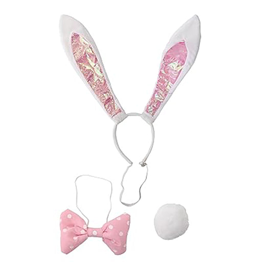 Pink bunny ears with sequins and a bow tie on a white background