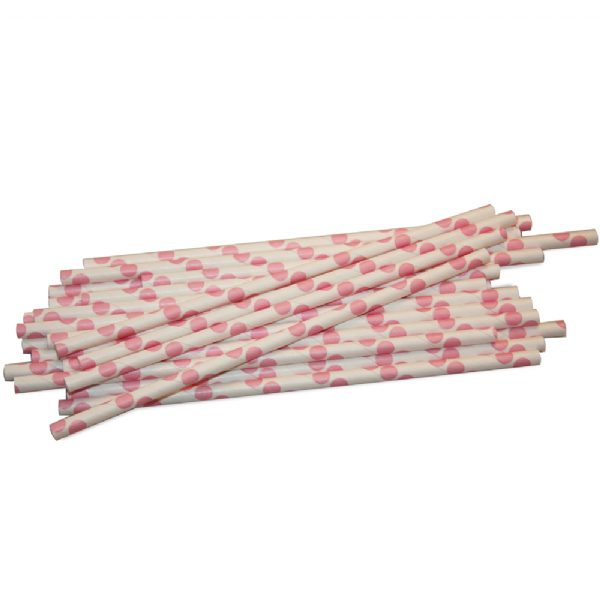 White paper straws with pink polka dots