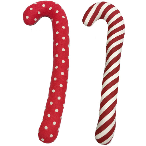 Two candy cane-shaped ornaments, one with red and white polka dots, the other with red and white stripes, on a white background.