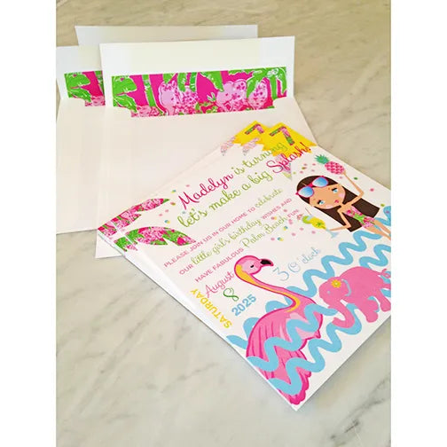 A colorful digital invitation featuring an illustrated character with a pineapple, a flamingo, and a turtle. Text includes details of a pool party birthday celebration.