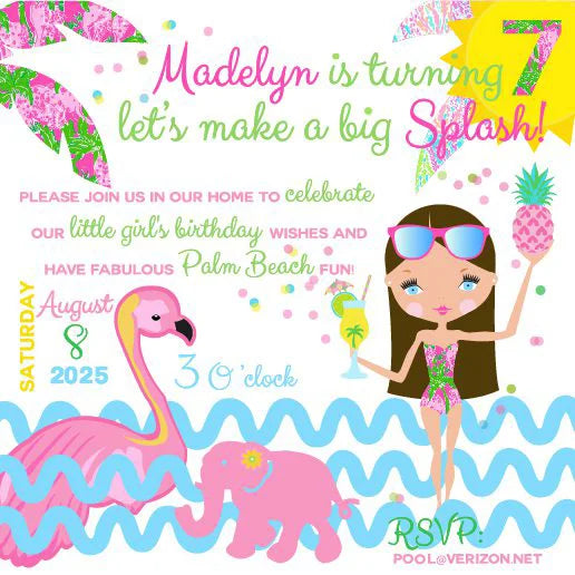 A colorful digital invitation featuring an illustrated girl with a pineapple, a flamingo, and a turtle. Text includes details of a pool party birthday celebration.