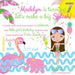 A colorful digital invitation featuring an illustrated girl with a pineapple, a flamingo, and a turtle. Text includes details of a pool party birthday celebration.