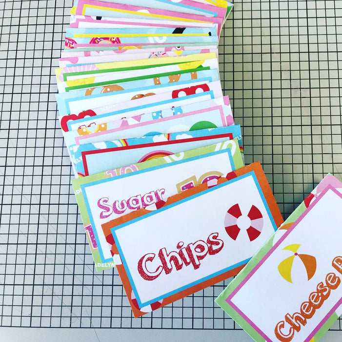 Personalized pool floaty food tents, set of 24. Custom menu text, printable JPEG emailed within 24 hrs. Perfect for pool parties & summer birthdays.