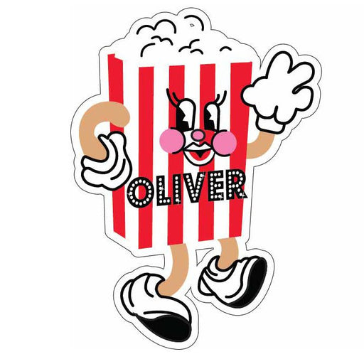 Illustration of a popcorn character and a soda cup character with facial features, waves, and text indicating a name and age.