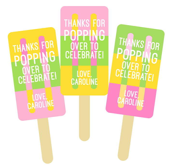 Three colorful popsicle-shaped thank you cards with text on a white background